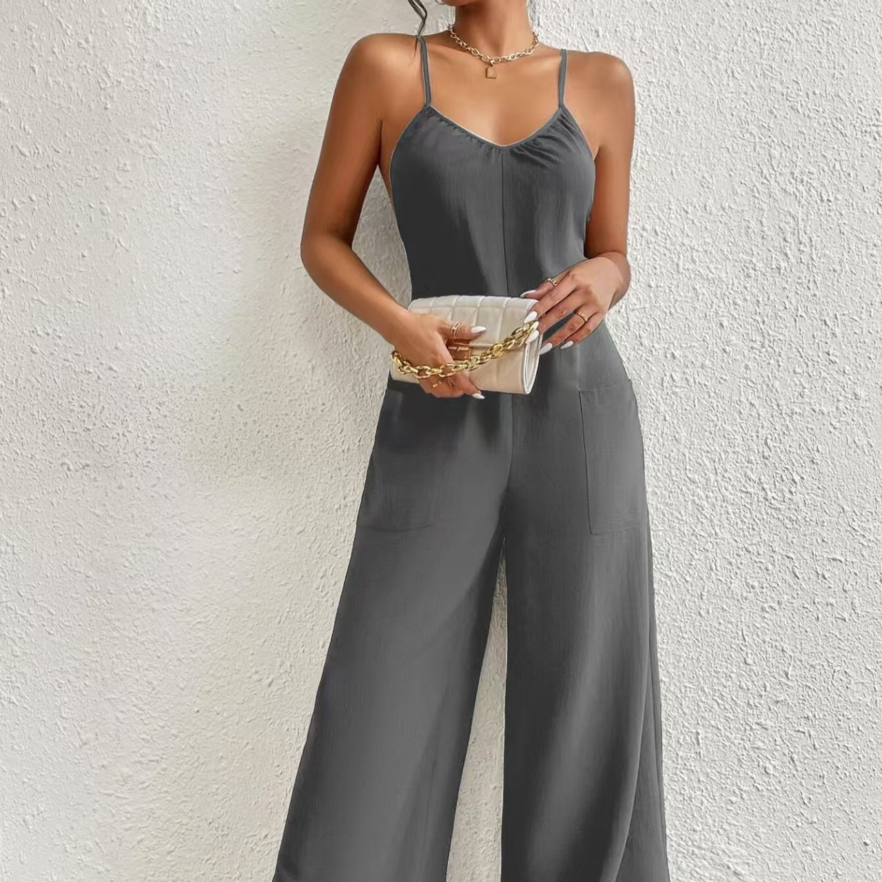 Women's Pleated Chest Cross-Strap Jumpsuit
