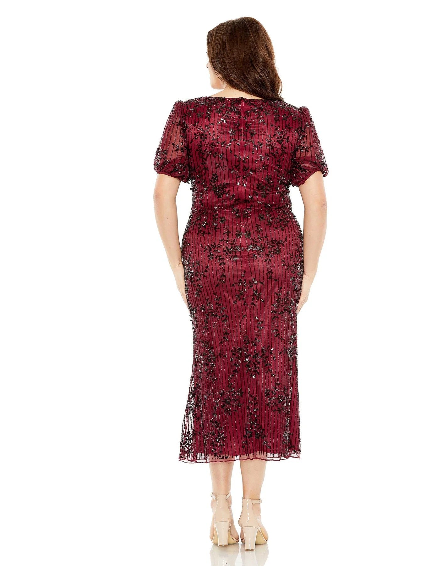 Mac Duggal 5940 Plus Size High Neck Puff Sleeve Embellished Midi Dress