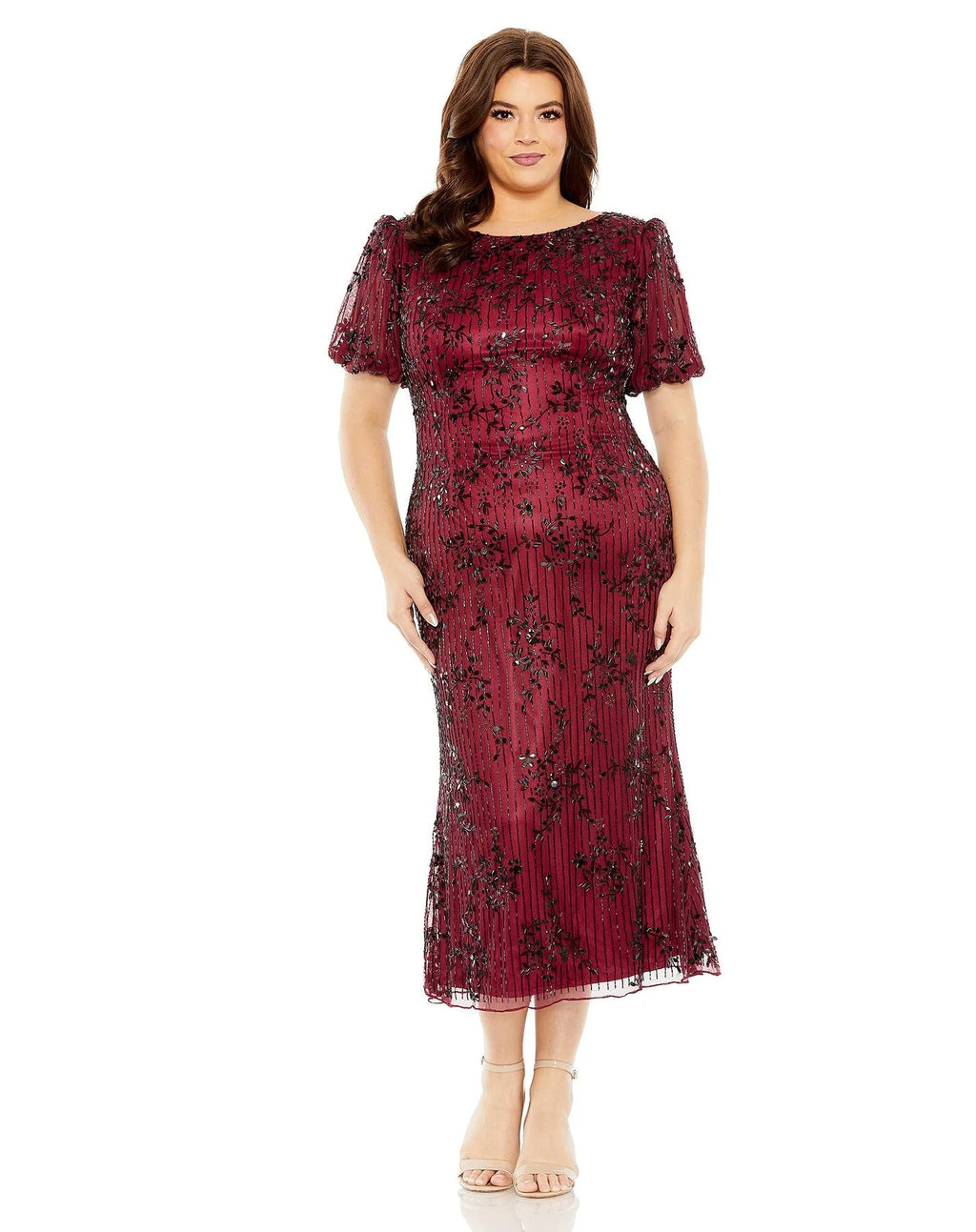 Mac Duggal 5940 Plus Size High Neck Puff Sleeve Embellished Midi Dress