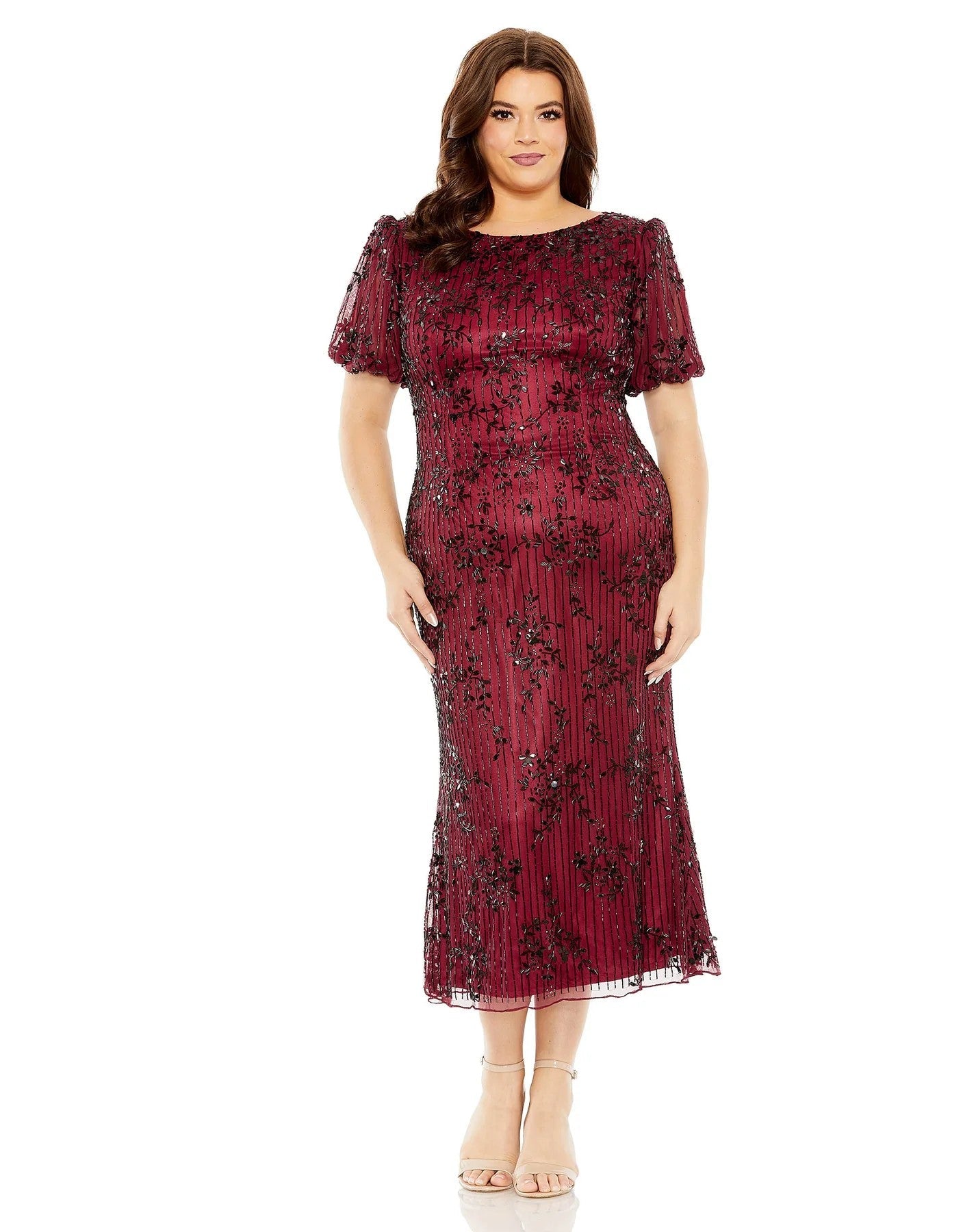 Mac Duggal 5940 Plus Size High Neck Puff Sleeve Embellished Midi Dress