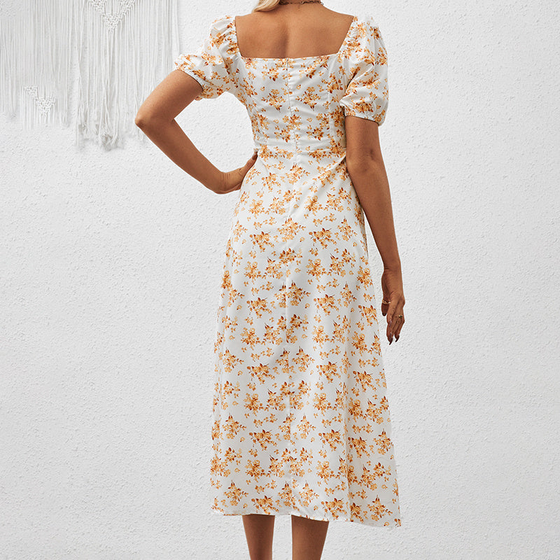 Square Neck Floral Print Dress With Puff Sleeves & Side Slit Maxi Dress