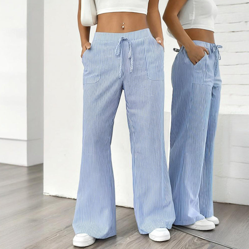 Women's Striped Print Straight Wide Leg Pockets Pants Casual Long Pants