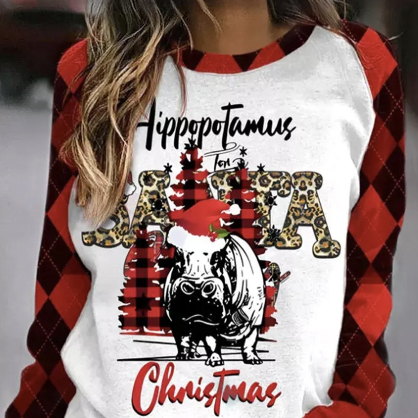 Women's Hippopotamus Christmas Leopard-Plaid Hoodie