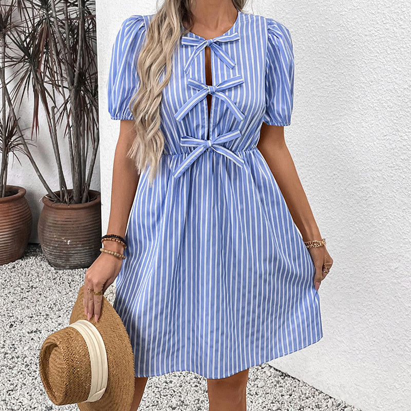 Women's Striped Tie-Front Puff Sleeve Mini Dress