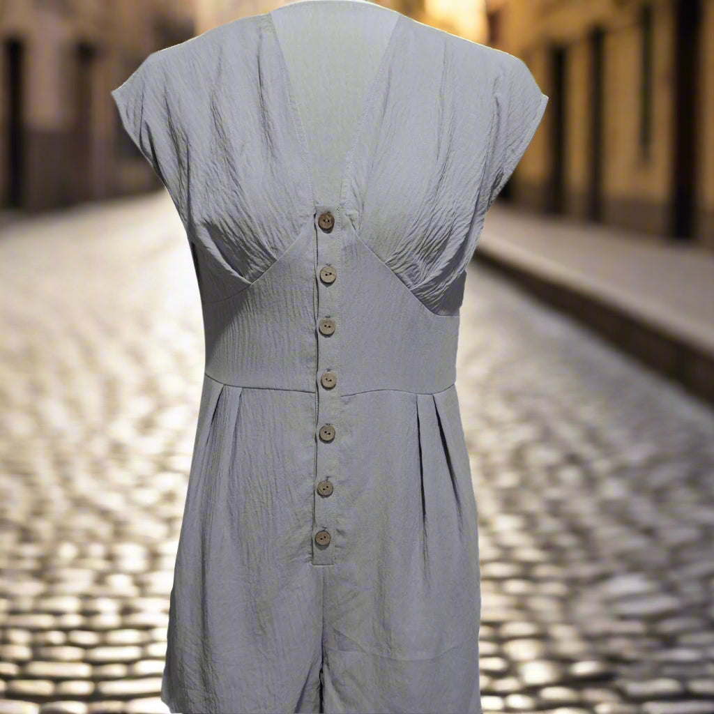 Women's Short Button Front Jumpsuit â€?V-Neck Patchwork Romper