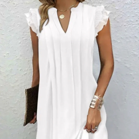 Ladies' Notch V‑Neck Pleated Petal‑Sleeve Maxi Dress