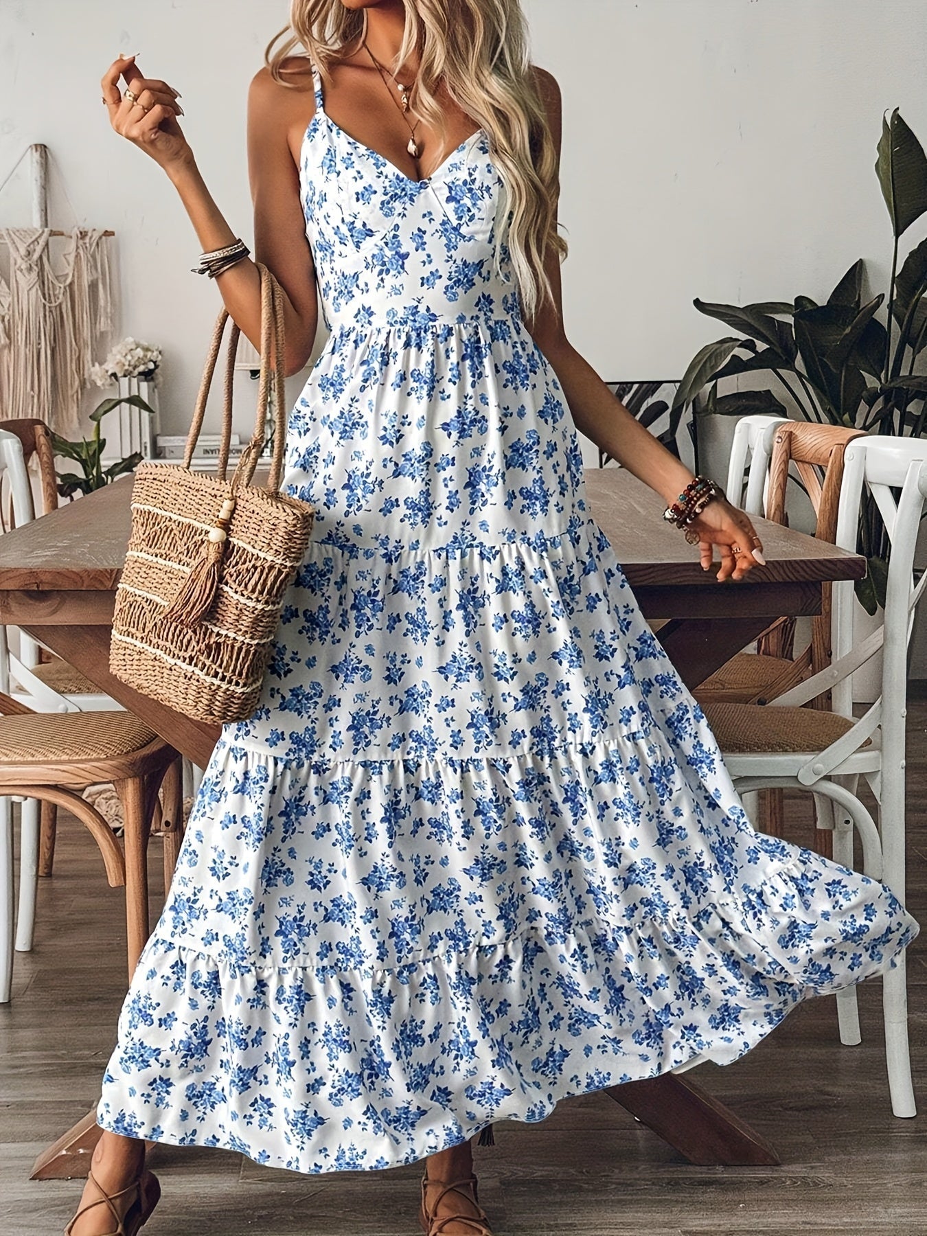 Women's Floral Backless Maxi Dress â€?Strappy Dress with Bow & Flowy Skirt