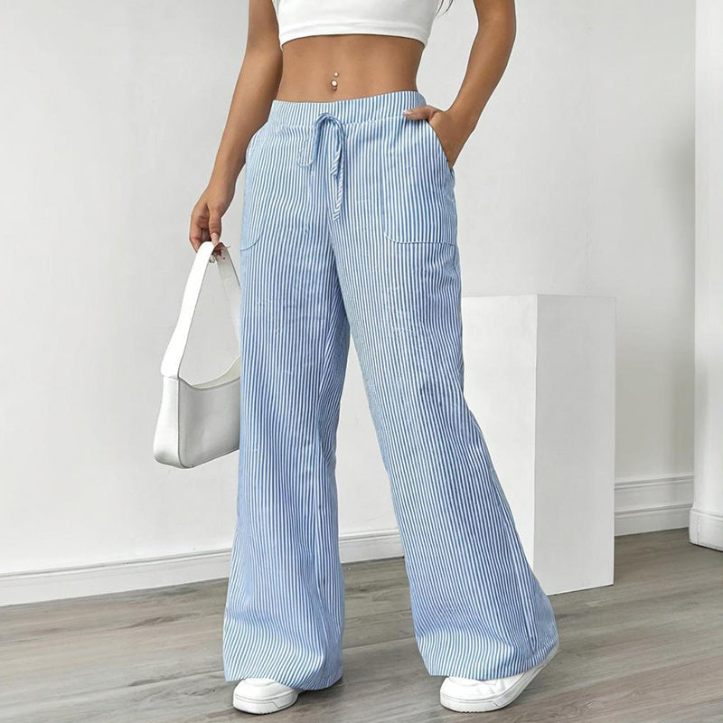 Women's Striped Print Straight Wide Leg Pockets Pants Casual Long Pants
