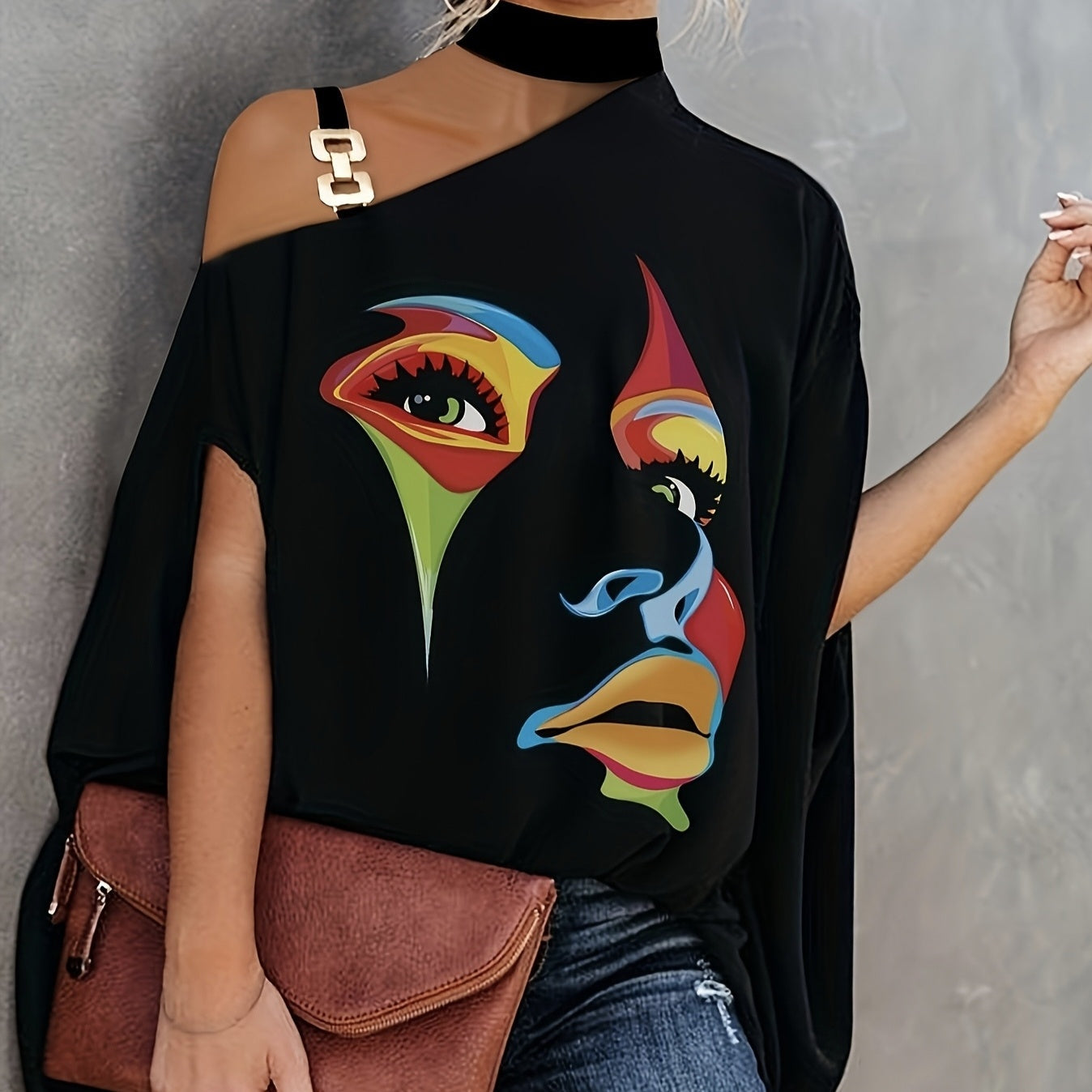 Women's One-Shoulder Printed T-Shirt