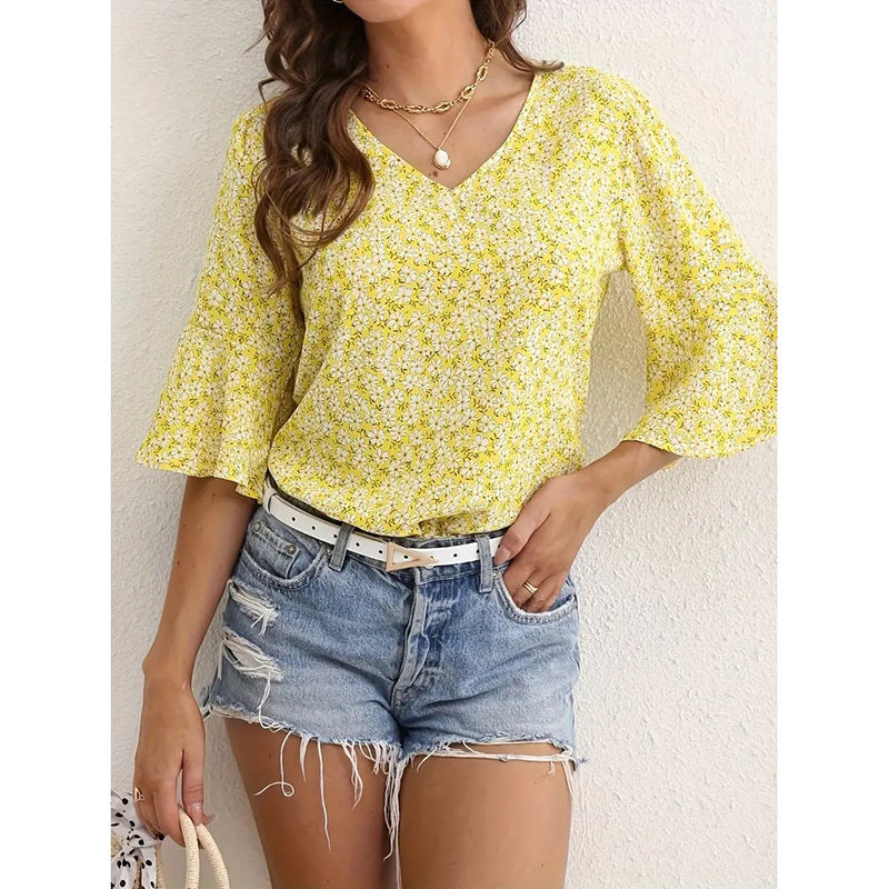 Womens Summer Floral Print Blouses V-Neck Flare Sleeve Tops
