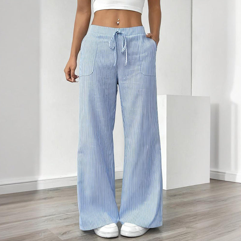 Women's Striped Print Straight Wide Leg Pockets Pants Casual Long Pants