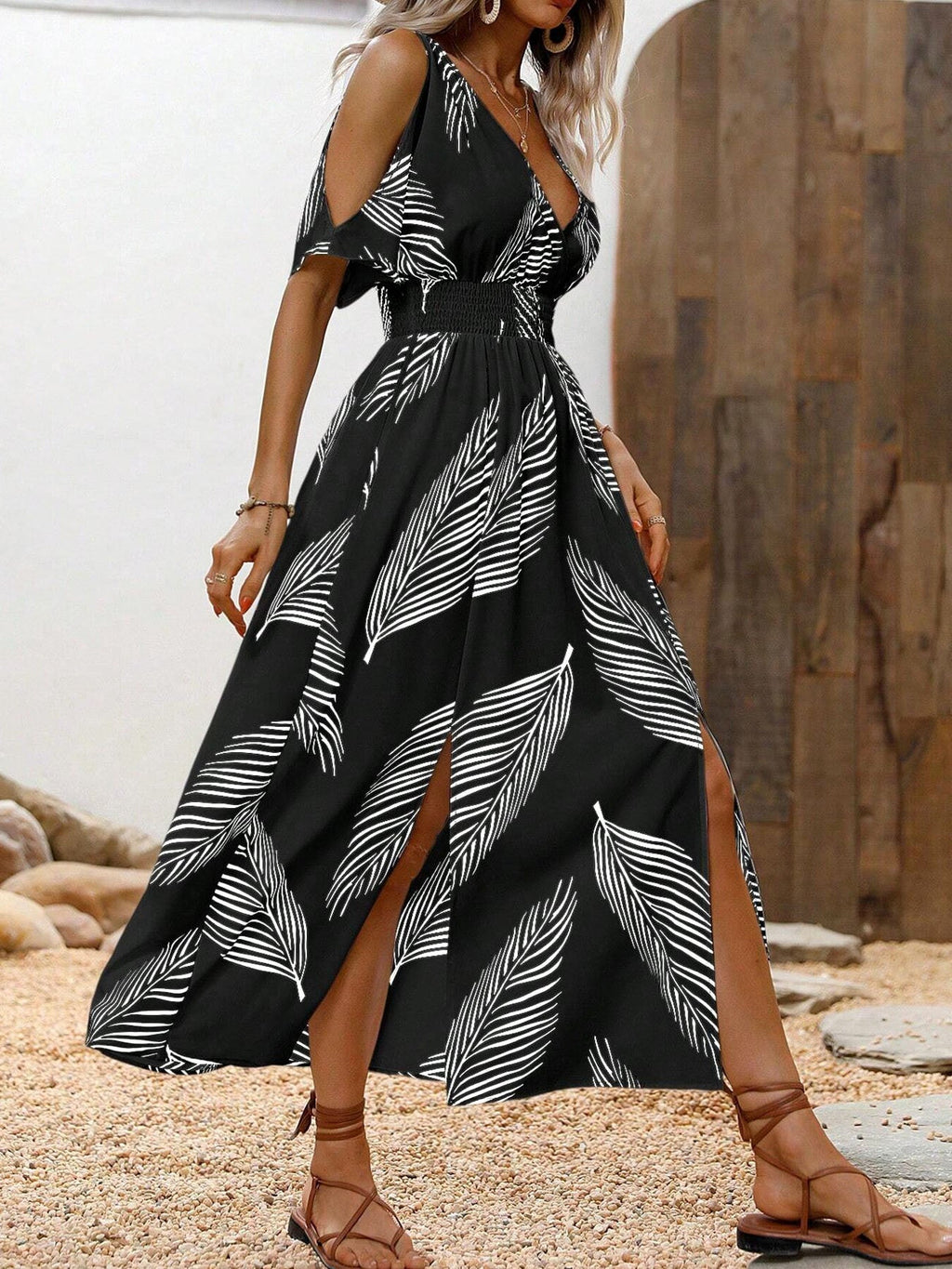 Women's Off-Shoulder Cross V-Neck Maxi Dress
