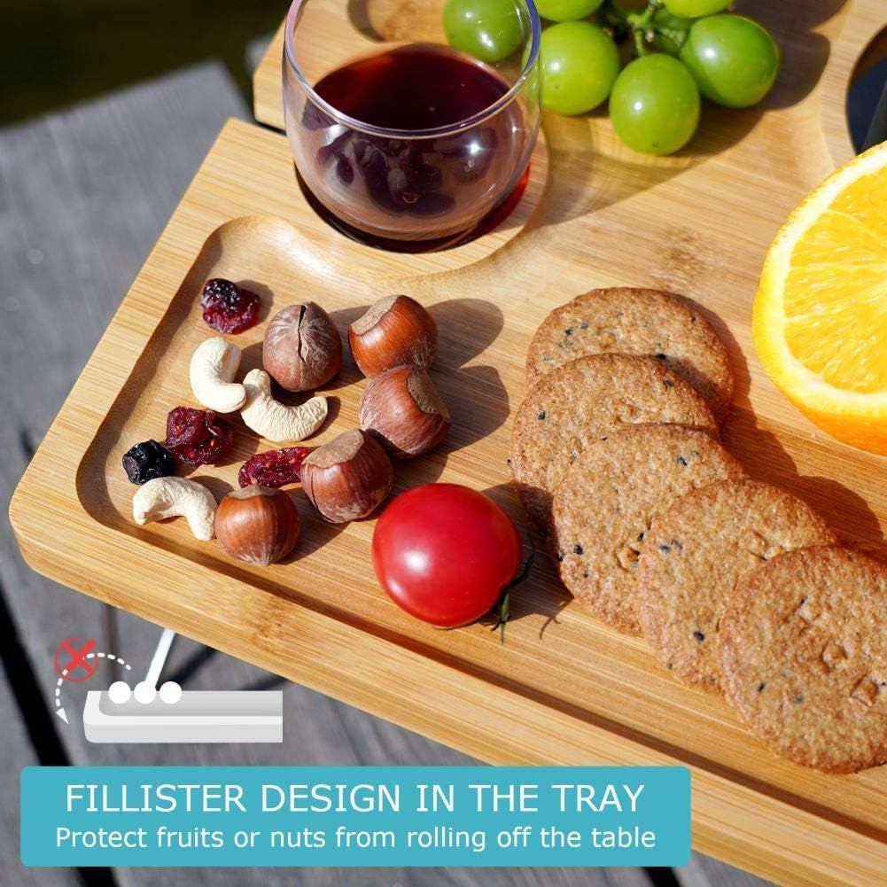 Folding Bamboo Wine Picnic Table with Bottle Opener â€?Portable Cheese & Snack Tray with Wine Glass Holders