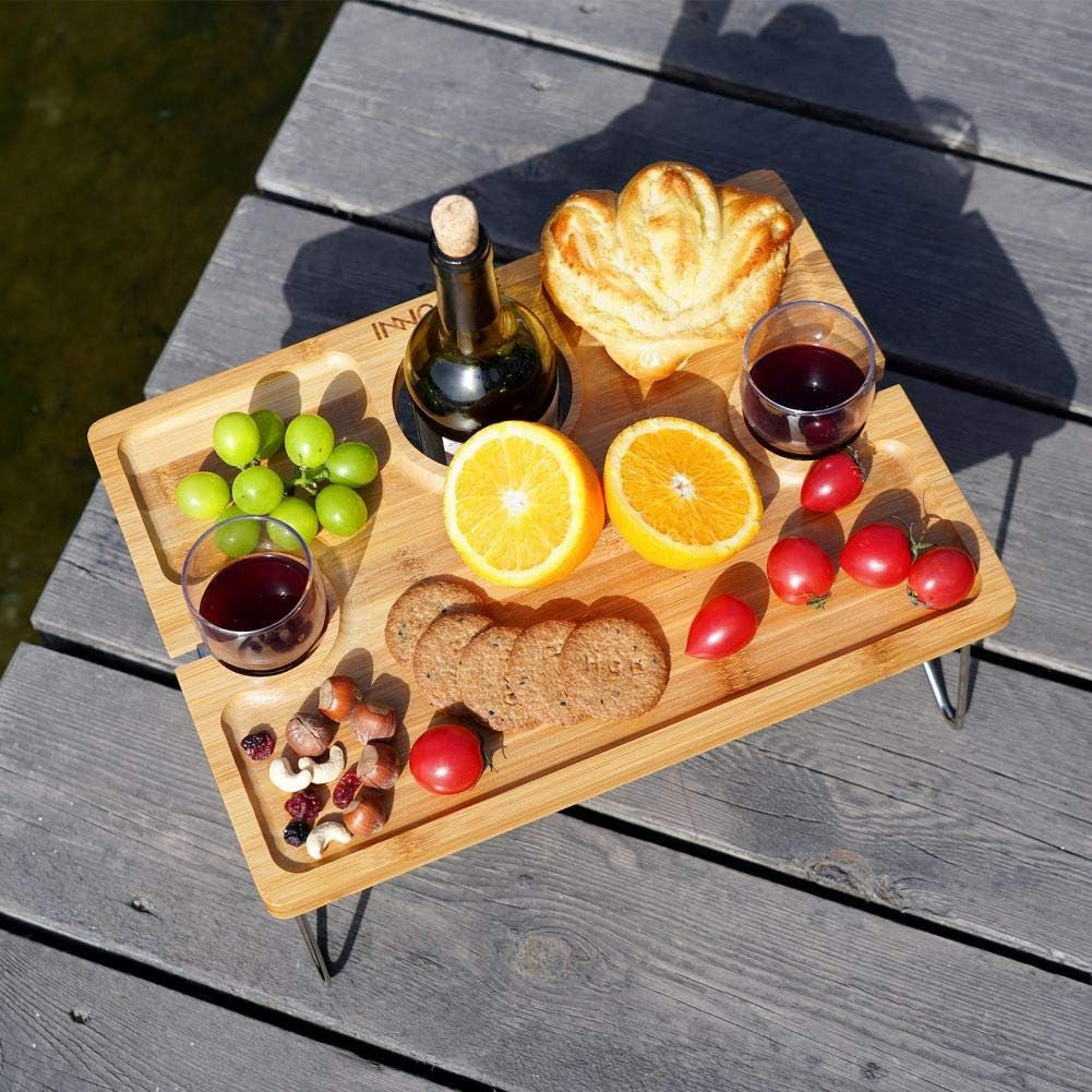 Folding Bamboo Wine Picnic Table with Bottle Opener â€?Portable Cheese & Snack Tray with Wine Glass Holders