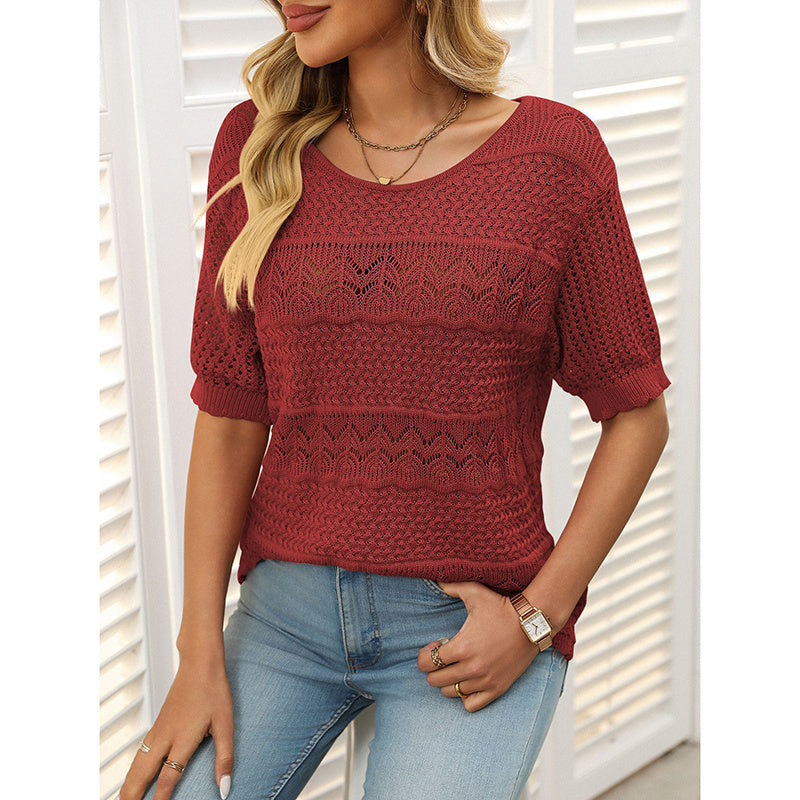 Women's Short Sleeve Crochet Knit Hollow-Out Top