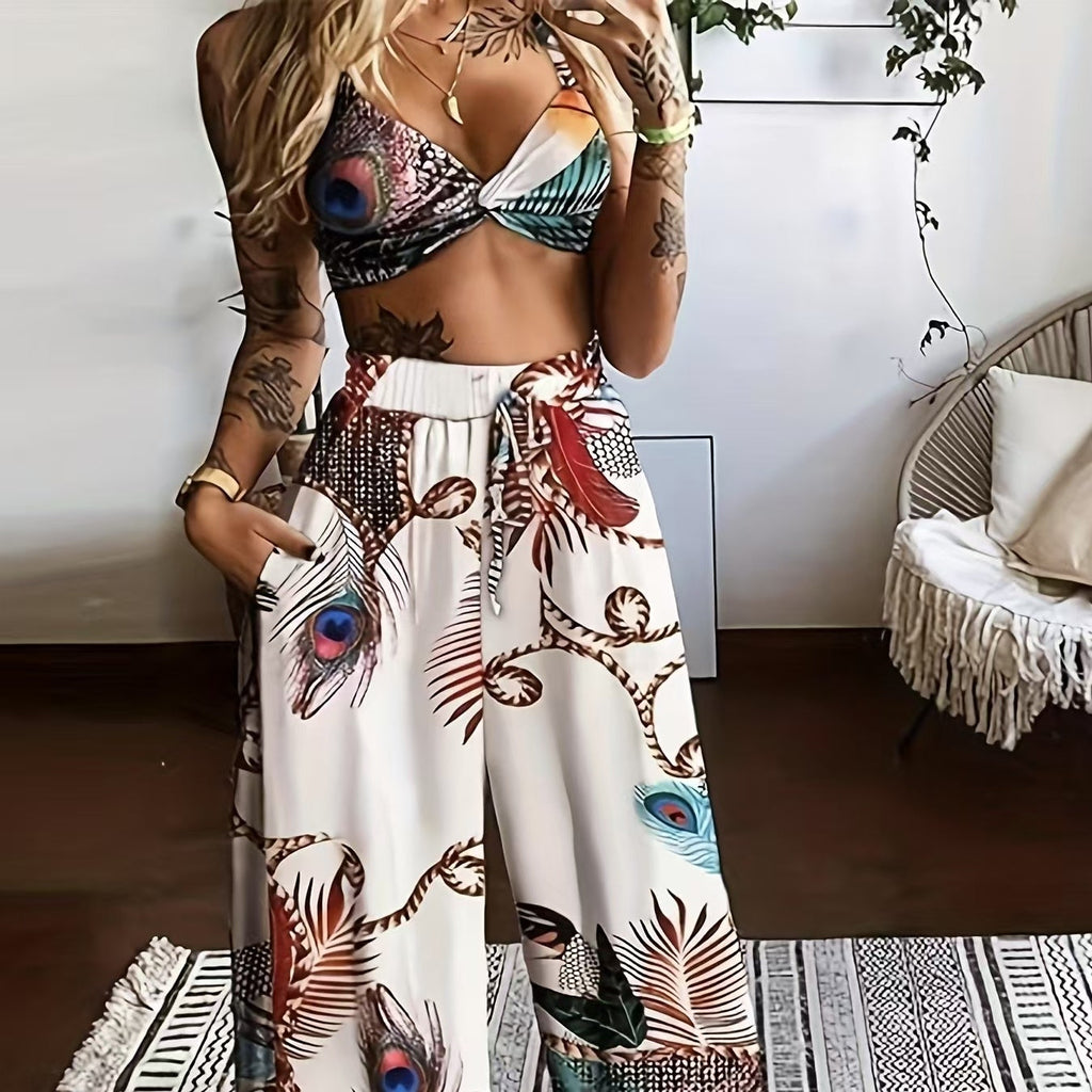Women's Feather Print Vacation Pants Set