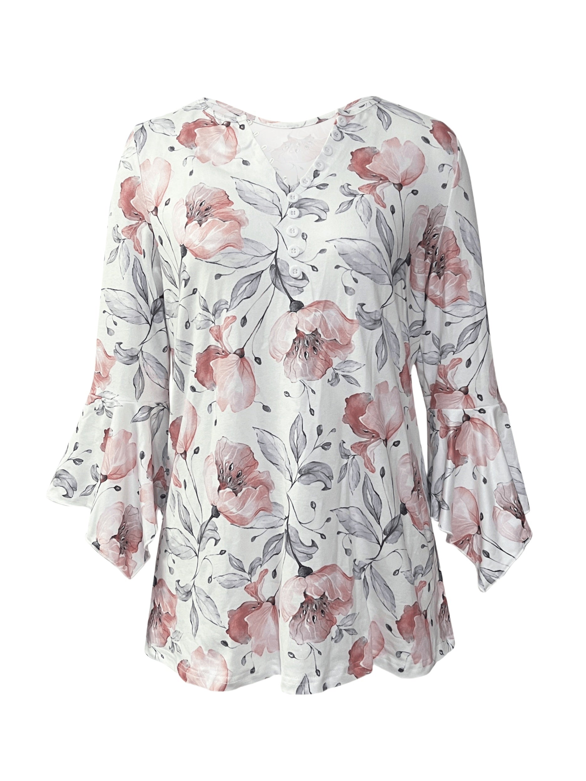 Women's Printed Spike Button Three-Quarter Sleeve Casual Top