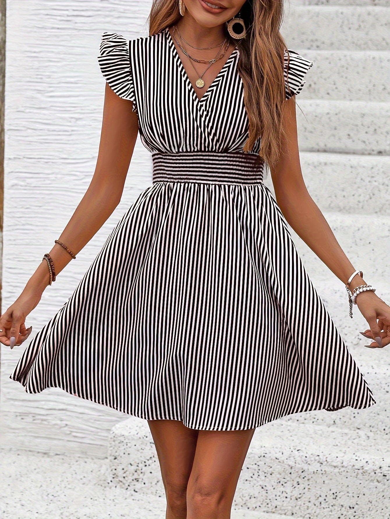 Women's Mini Dress V Neck Flutter Sleeve Striped Summer Dress
