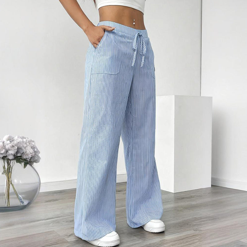 Women's Striped Print Straight Wide Leg Pockets Pants Casual Long Pants