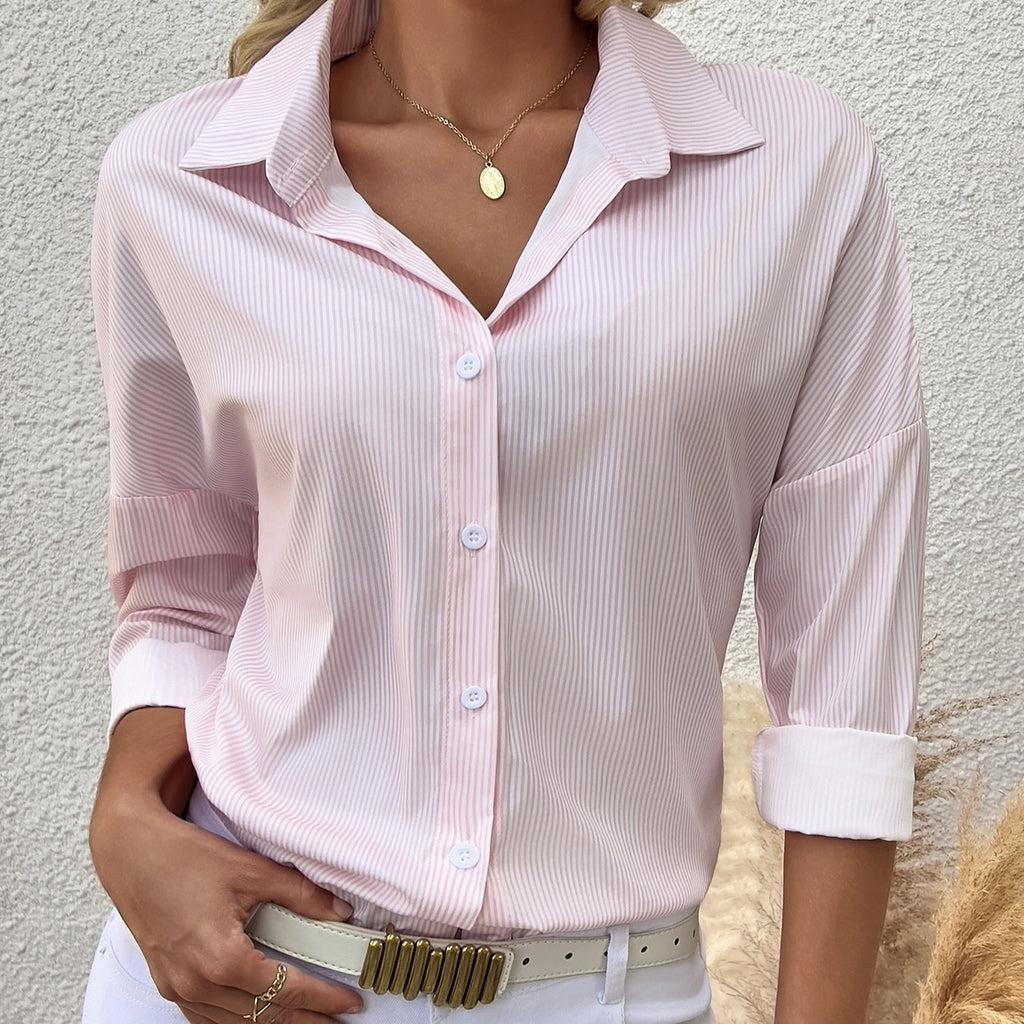 Women's Striped Lapel Long Sleeved Shirt Top