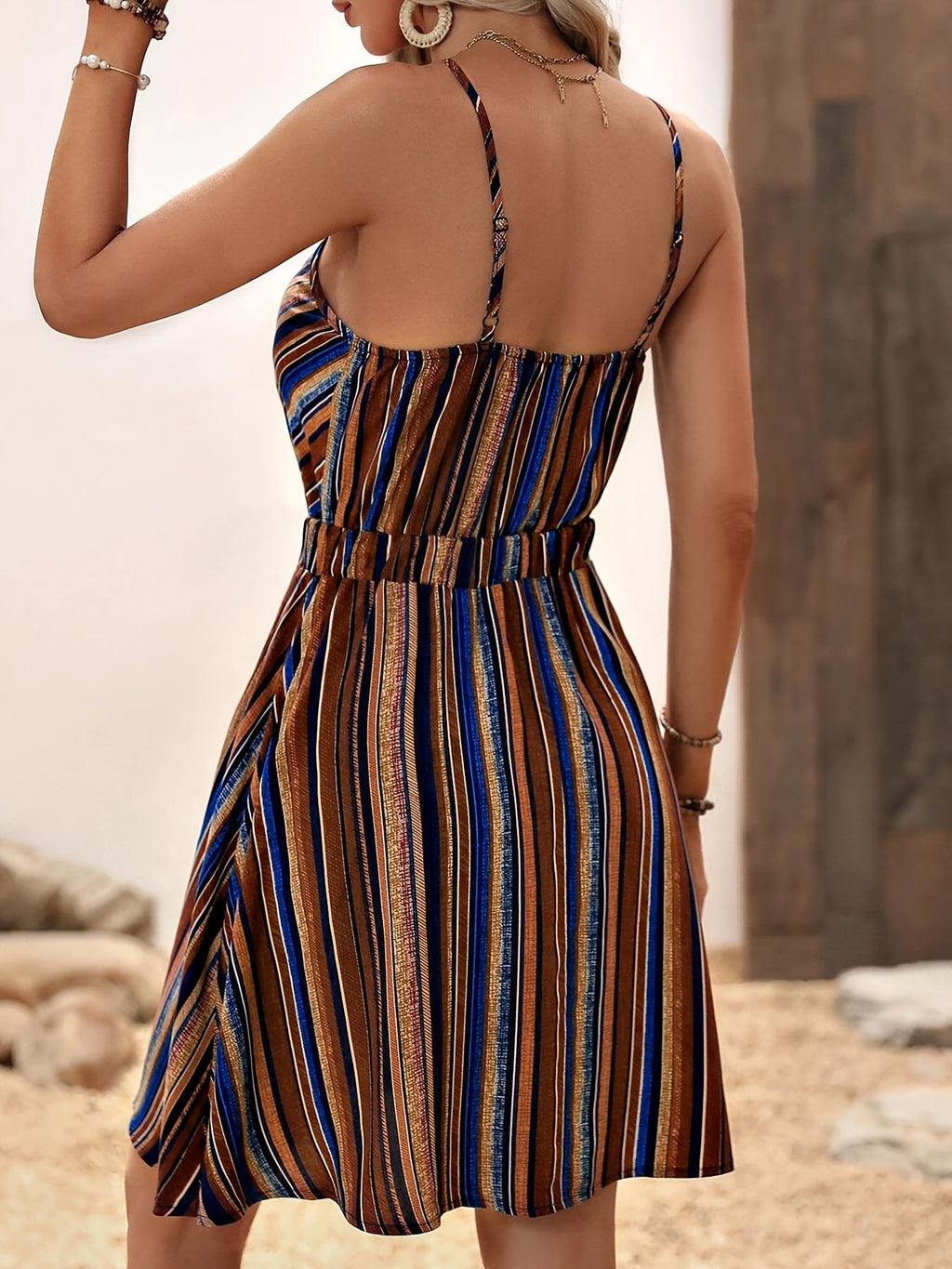 Women's Deep V-Neck Striped Slip Dress