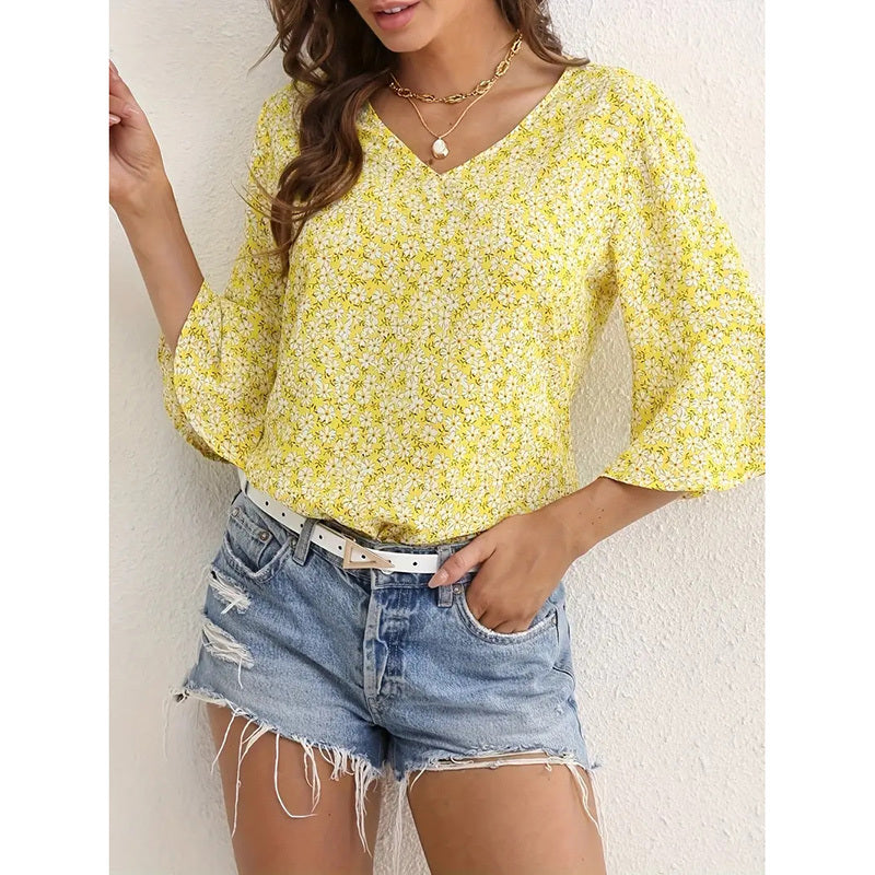 Womens Summer Floral Print Blouses V-Neck Flare Sleeve Tops