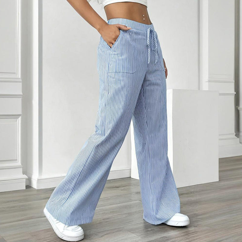 Women's Striped Print Straight Wide Leg Pockets Pants Casual Long Pants