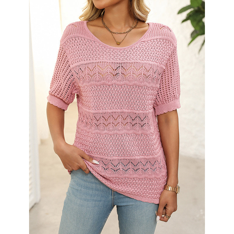 Women's Short Sleeve Crochet Knit Hollow-Out Top