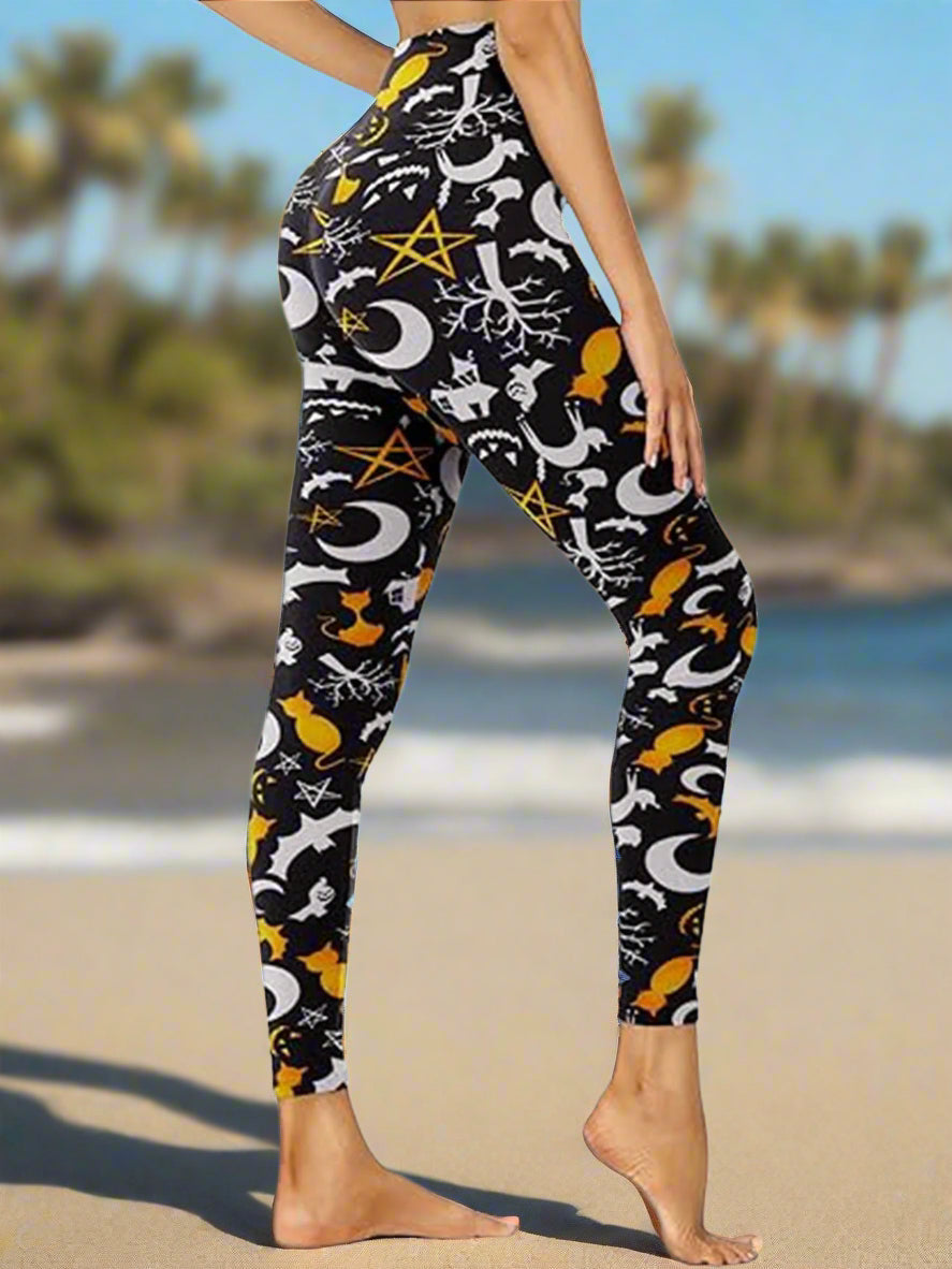 Cropped High-Rise Leggings â€?Moon Cat Print Workout Pants