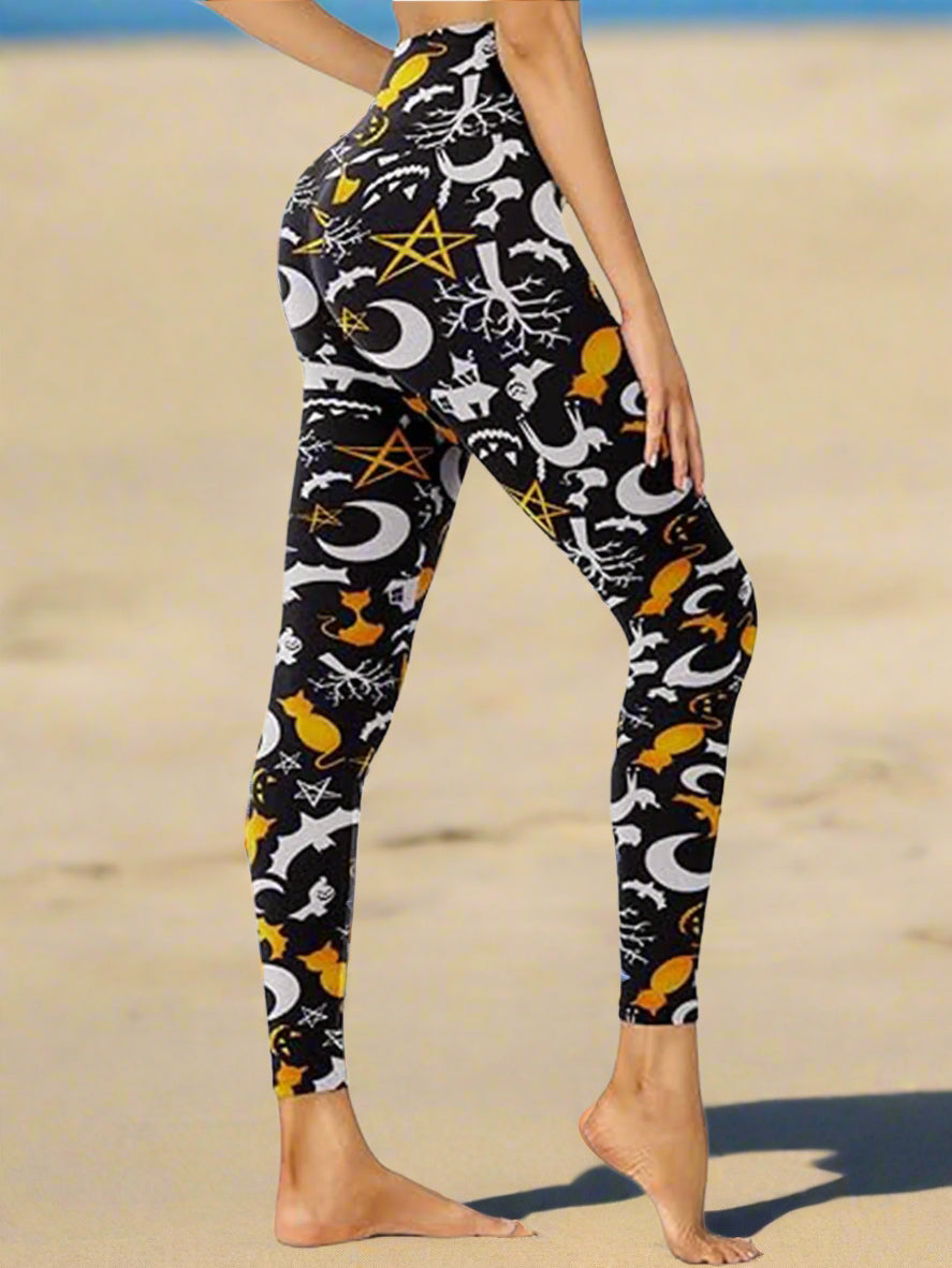 Cropped High-Rise Leggings â€?Moon Cat Print Workout Pants