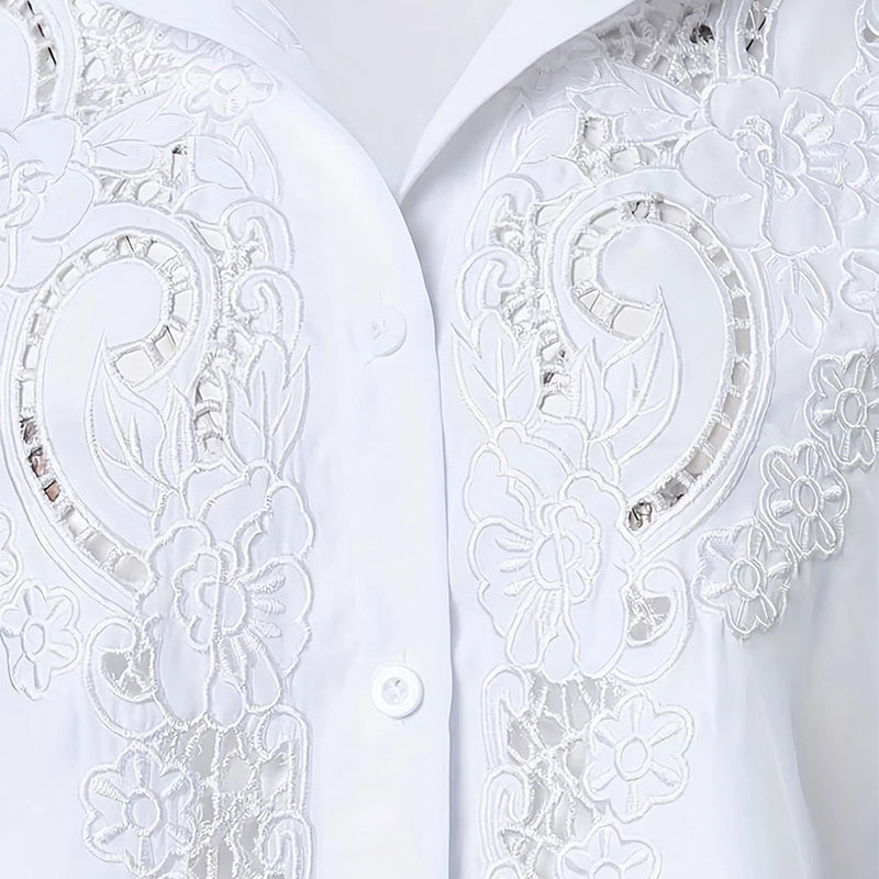 Women's Contrast Lace Long-Sleeve Button‑Down Blouse