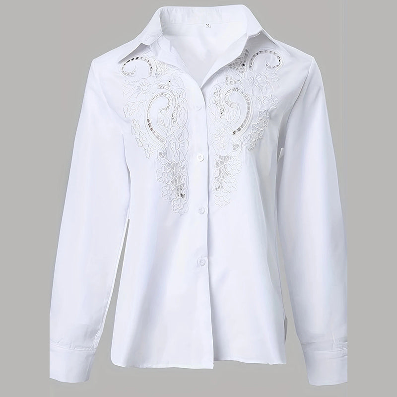 Women's Contrast Lace Long-Sleeve Button‑Down Blouse