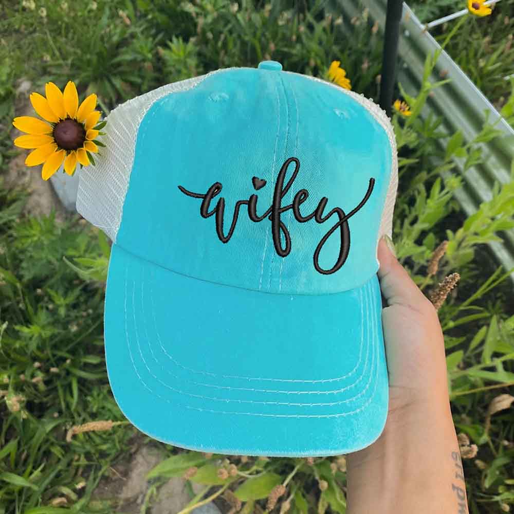 Embroidered Wifey/Hubby Pigment-Dyed Trucker Hat â€?Anniversary Gift Cap