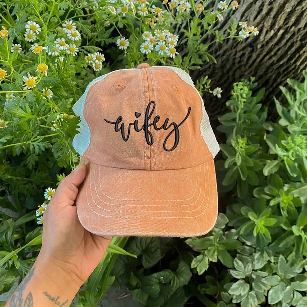 Embroidered Wifey/Hubby Pigment-Dyed Trucker Hat â€?Anniversary Gift Cap