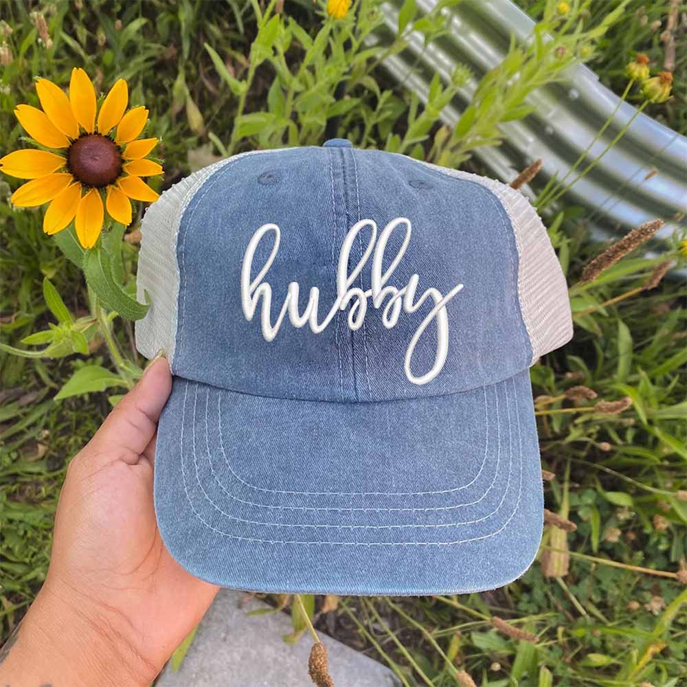 Embroidered Wifey/Hubby Pigment-Dyed Trucker Hat â€?Anniversary Gift Cap