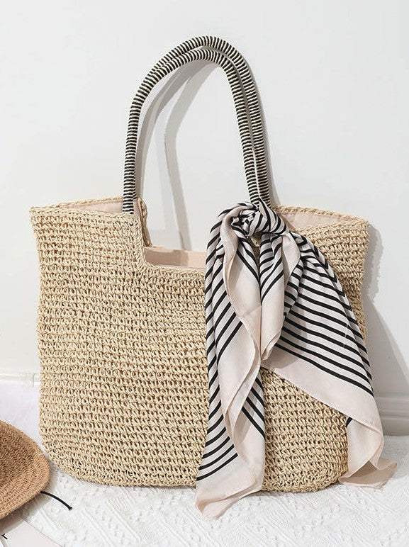 Straw Tote Bag with Scarf Detail