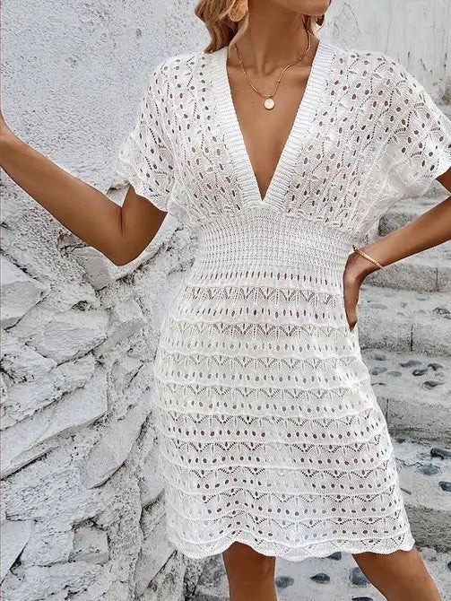 Deep v eyelet cover up dress