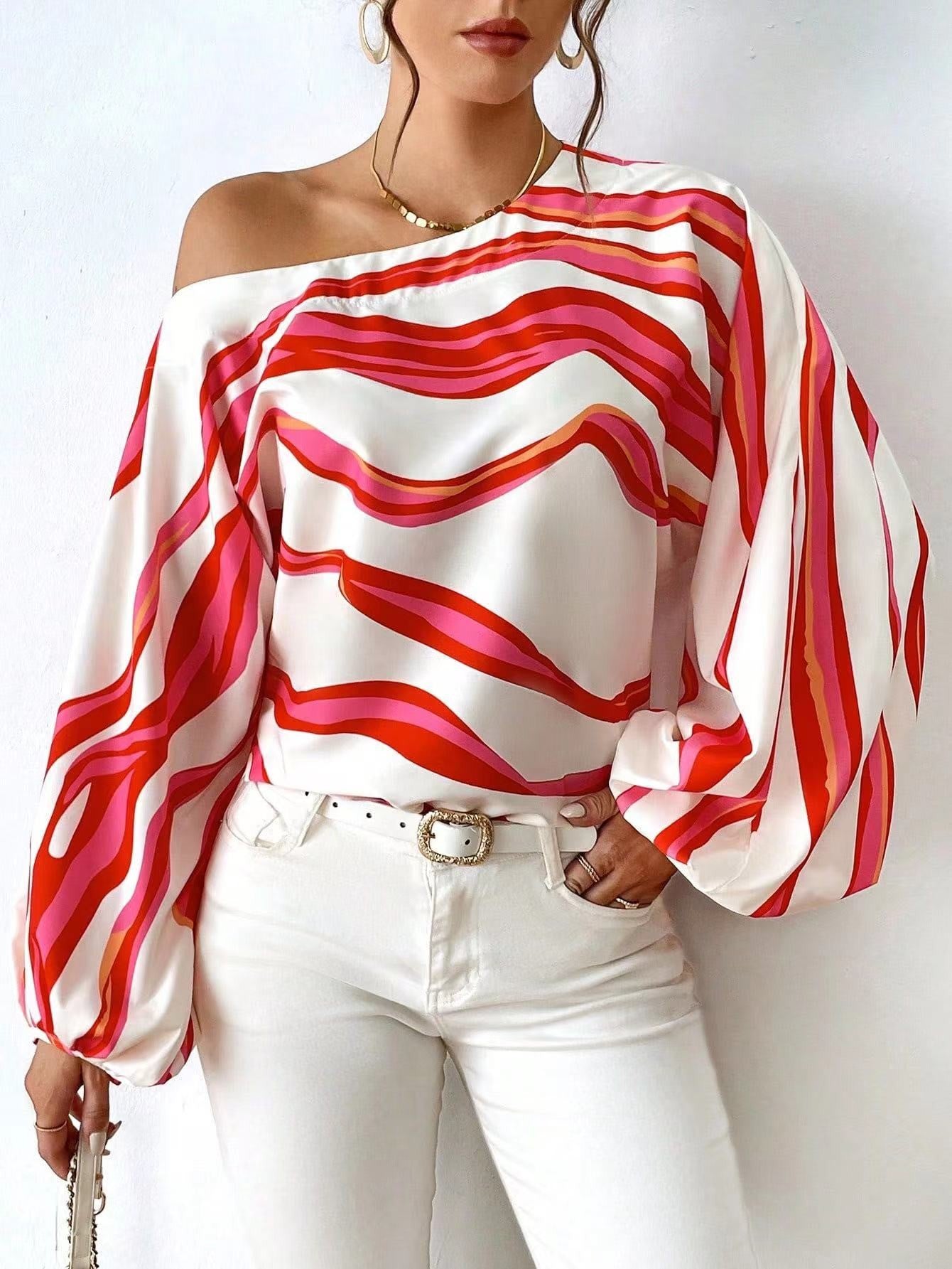 Off-Shoulder Wavy Stripe Short Sleeve Top