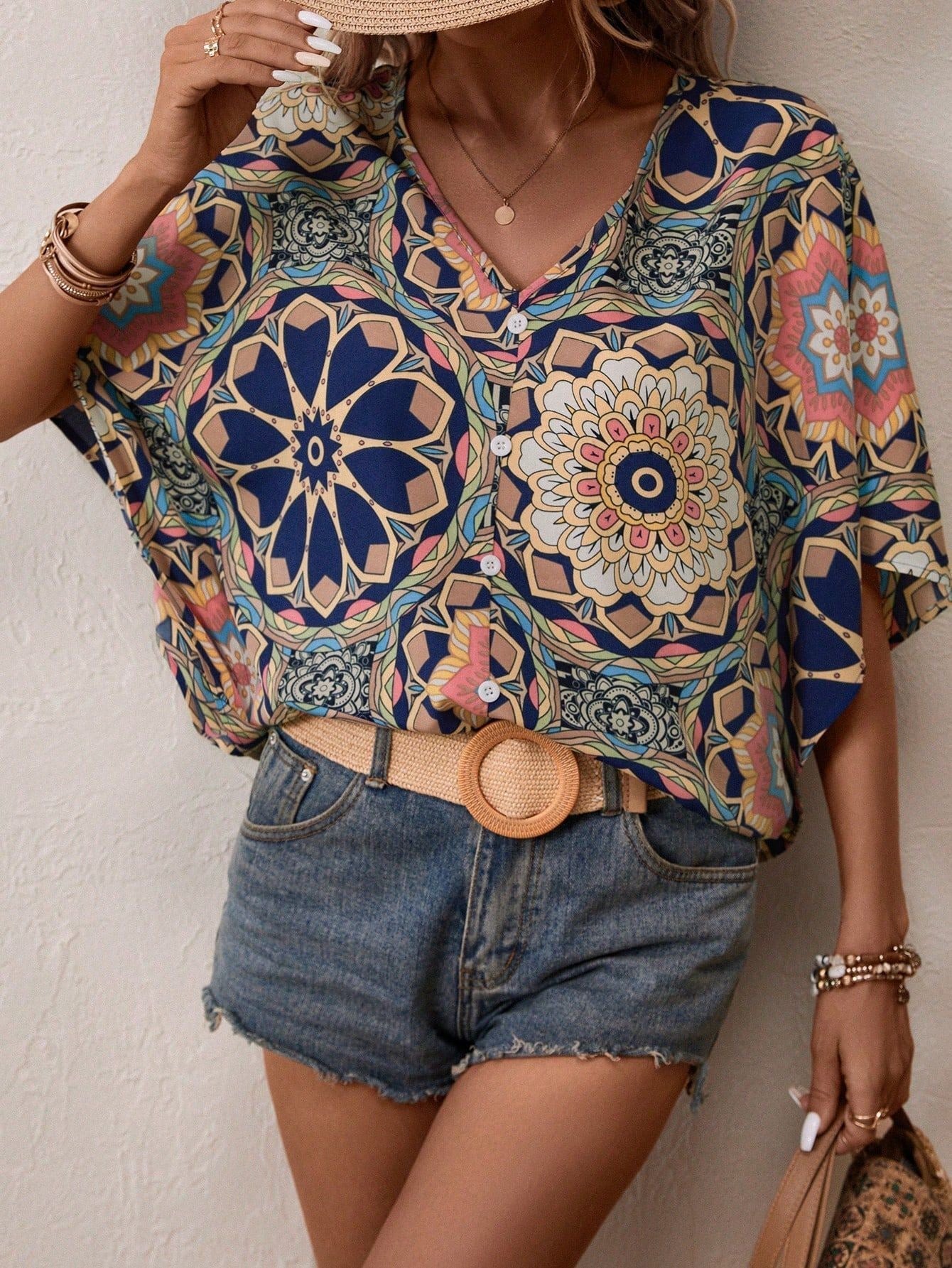 Boho Print V-Neck Short Sleeve Top â€?Summer Casual