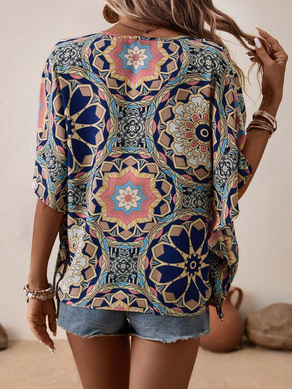 Boho Print V-Neck Short Sleeve Top â€?Summer Casual
