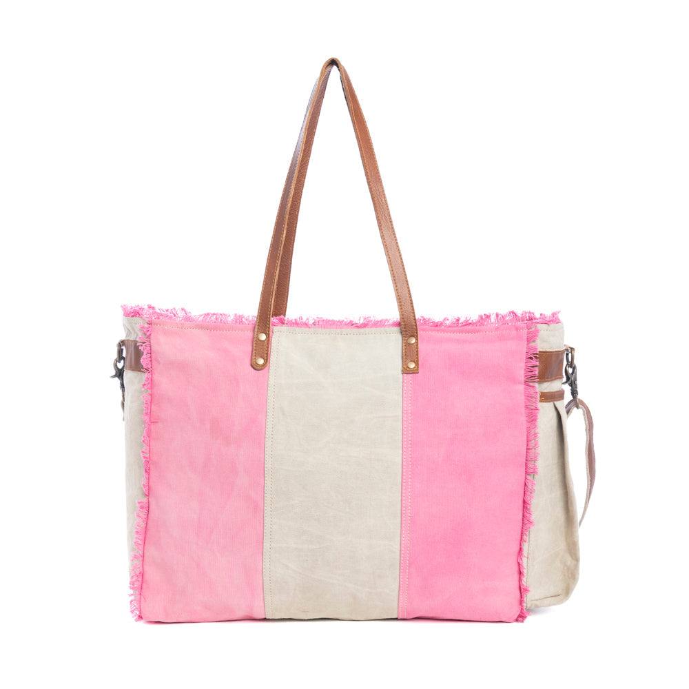 Myra Queen Creek Weekender Bag in Pink - Spacious Leather Travel Tote with Patchwork, Leather Handles, and Playful Retro Vibes