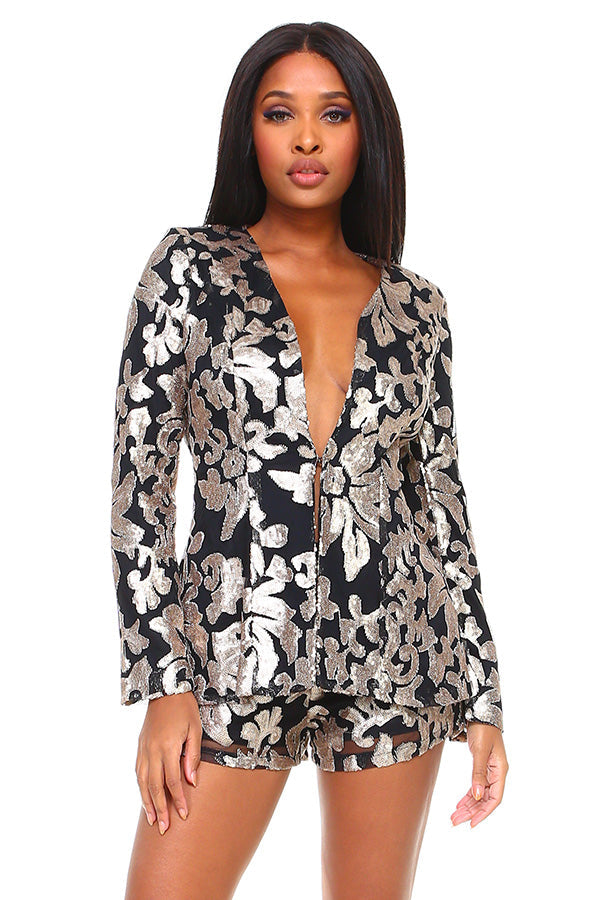 Metallic Print Jacket Back Zipper Short Set