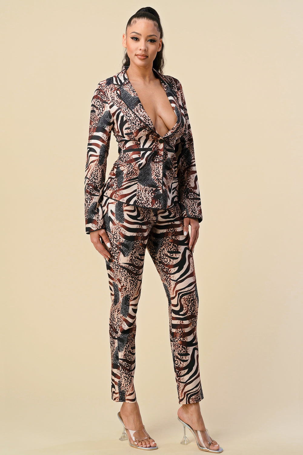 Long Sleeve Printed Blazer Pant Set