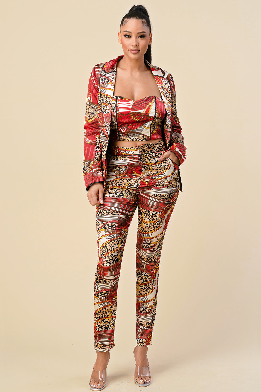Long Sleeve Printed Blazer Pant Set