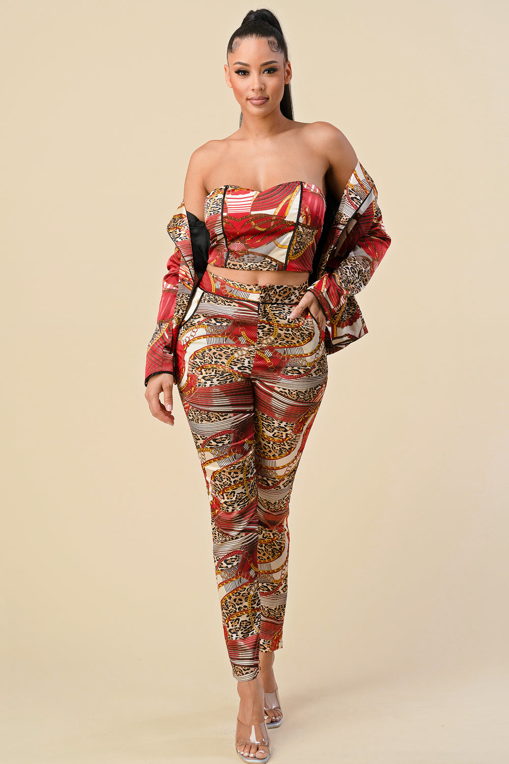 Long Sleeve Printed Blazer Pant Set