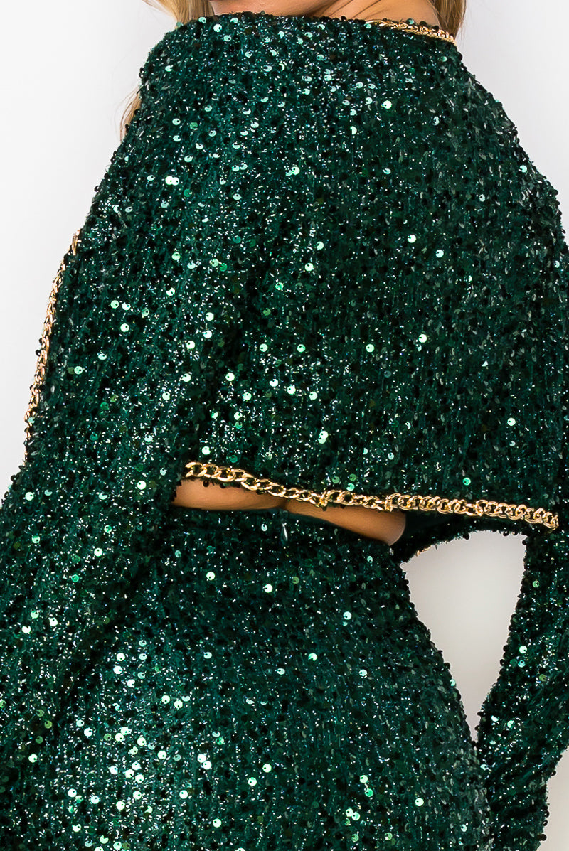 Glittery Sequined Jacket Crop Top Short Set