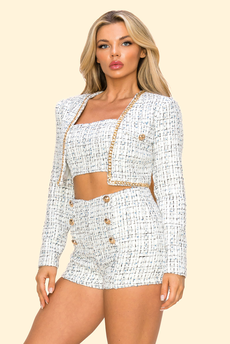 Tweed Jacket Short Top 3 Piece Set