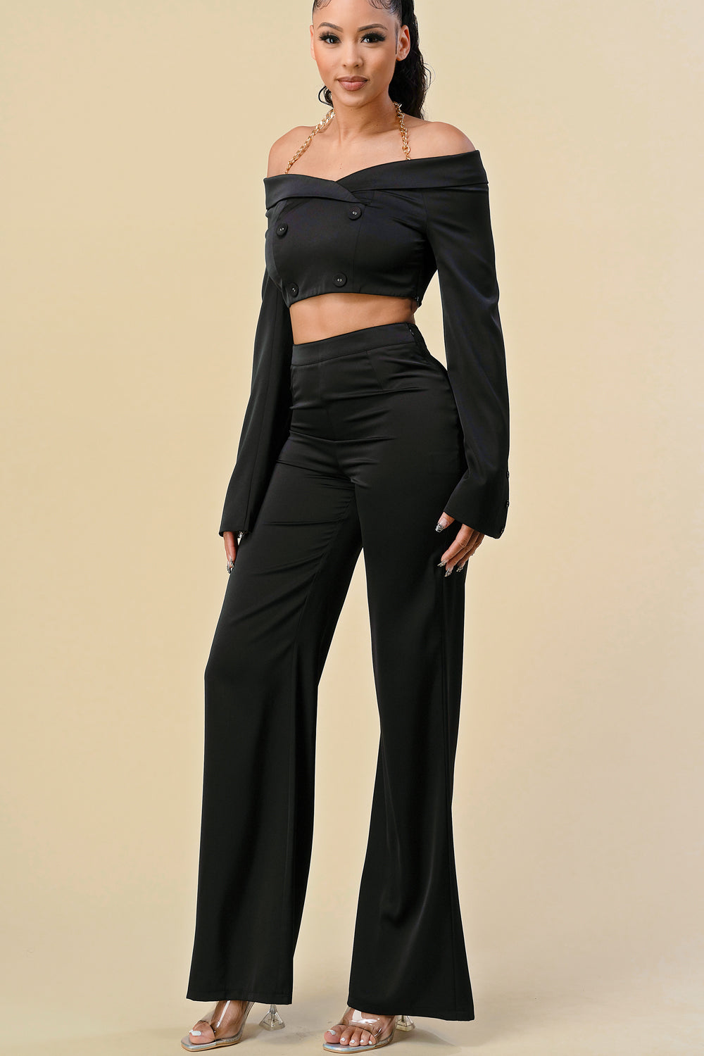 Off Shoulder Chain Halter Crop Jacket Pant Set