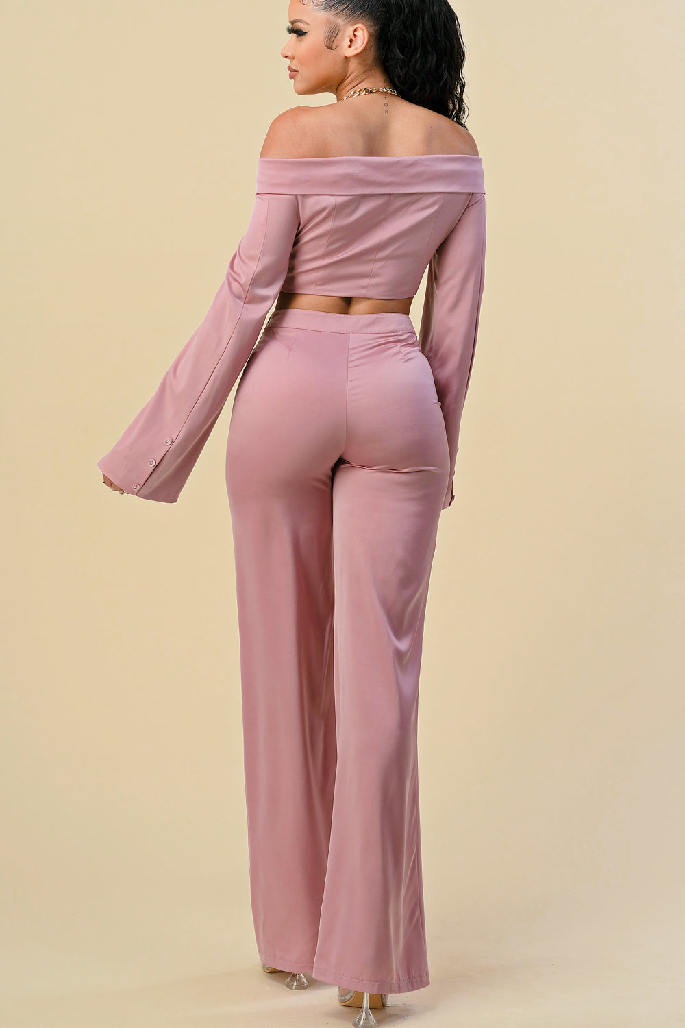 Off Shoulder Chain Halter Crop Jacket Pant Set