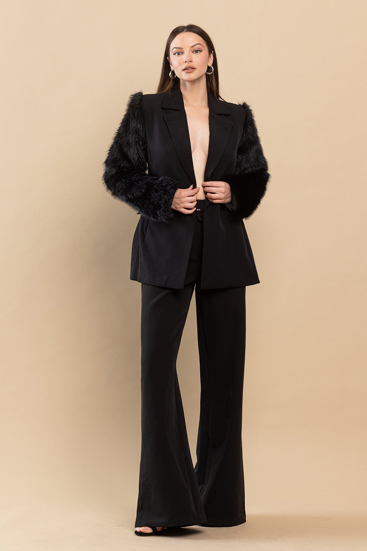 Faux Fur Sleeves Blazer Pant Set